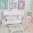Chantallena White Bed Linens Pink Painted Vintage Look Sofa with Decoupaged Table| Painted Petals Furniture