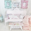 Chantallena White Bed Linens Pink Painted Vintage Look Sofa with Decoupaged Table| Painted Petals Furniture