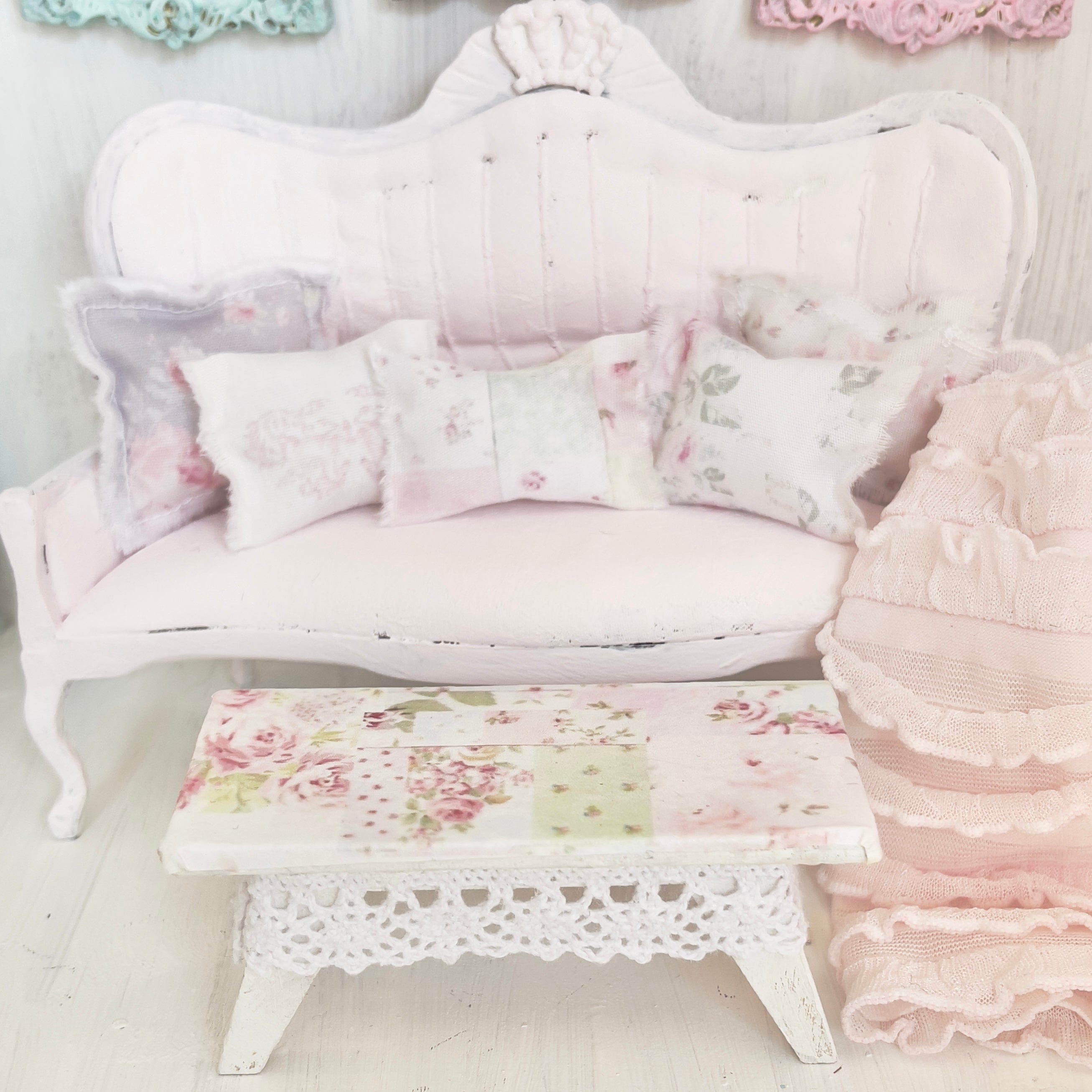 Chantallena White Bed Linens Pink Painted Vintage Look Sofa with Decoupaged Table| Painted Petals Furniture