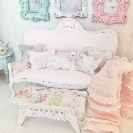 Chantallena White Bed Linens Pink Painted Vintage Look Sofa with Decoupaged Table| Painted Petals Furniture