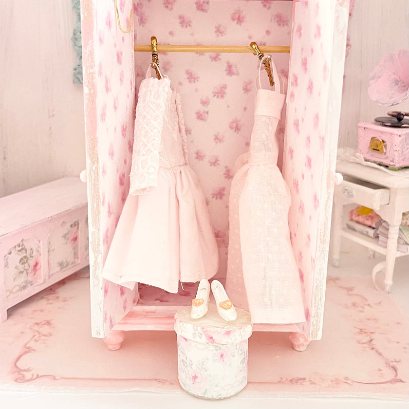Chantallena White Bed Linens Pink Roses Decoupaged Wardrobe with Shabby Pink Dresses-1:12 Scale | Lillian’s Garden |Chantallena
