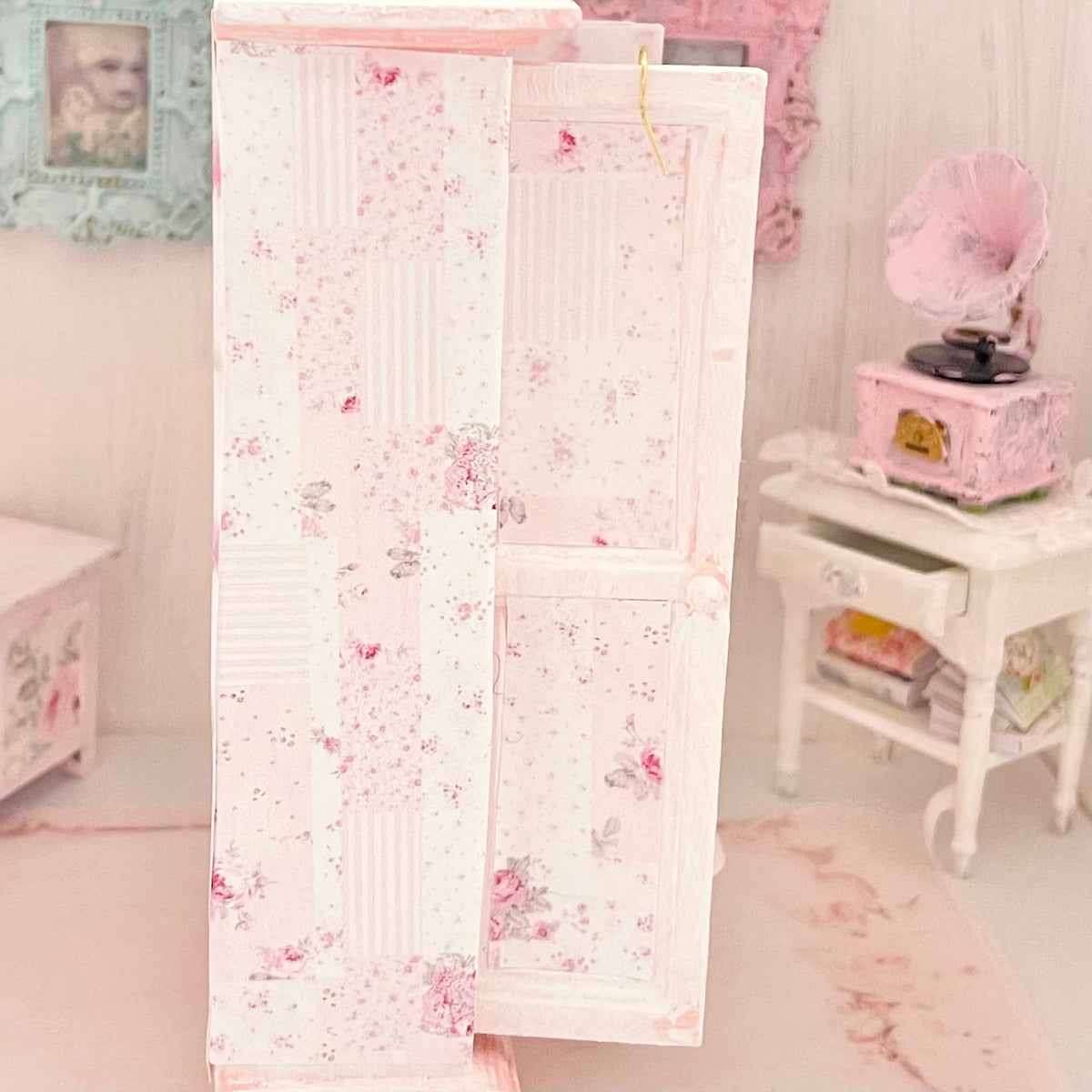 Chantallena White Bed Linens Pink Roses Decoupaged Wardrobe with Shabby Pink Dresses-1:12 Scale | Lillian’s Garden |Chantallena