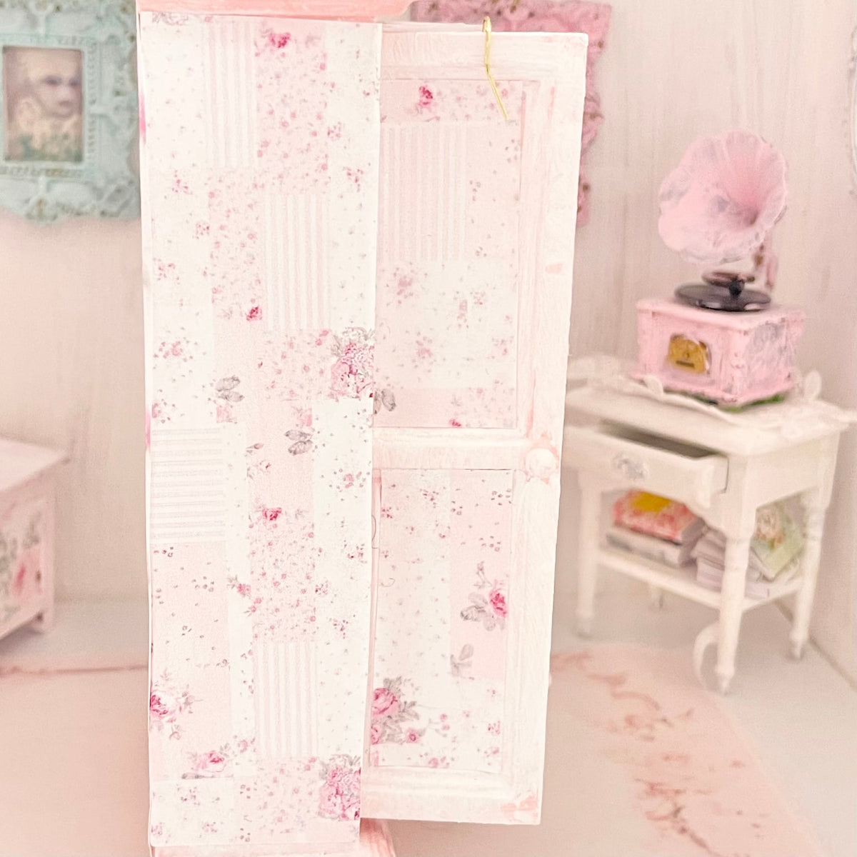 Chantallena White Bed Linens Pink Roses Decoupaged Wardrobe with Shabby Pink Dresses-1:12 Scale | Lillian’s Garden |Chantallena
