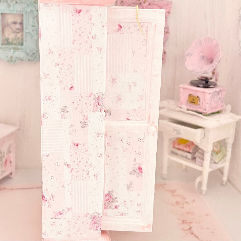Chantallena White Bed Linens Pink Roses Decoupaged Wardrobe with Shabby Pink Dresses-1:12 Scale | Lillian’s Garden |Chantallena
