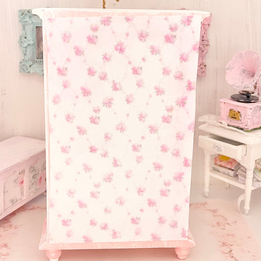 Chantallena White Bed Linens Pink Roses Decoupaged Wardrobe with Shabby Pink Dresses-1:12 Scale | Lillian’s Garden |Chantallena