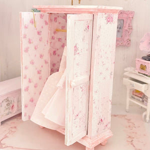 Chantallena White Bed Linens Pink Roses Decoupaged Wardrobe with Shabby Pink Dresses-1:12 Scale | Lillian’s Garden |Chantallena