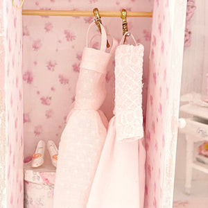 Chantallena White Bed Linens Pink Roses Decoupaged Wardrobe with Shabby Pink Dresses-1:12 Scale | Lillian’s Garden |Chantallena