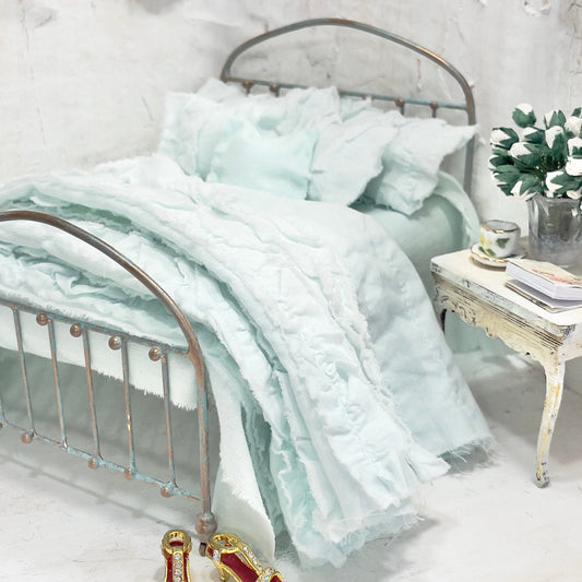 Chantallena White Bed Linens Ruffled Romance | Shabby Mint Green Distressed Ruffled Cotton Bedding Set  | Greta