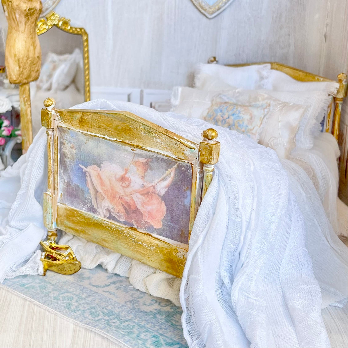 Chantallena White Bed Linens Swing- Wooden Decoupaged Dressed Bed-1:12 Scale |Parisian Dreams-Letters from Paris