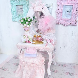 Chantallena White Bed Linens Toile in Pink -Vanity Set with Stool| Wooden Pink Distressed-1:12 Scale| Painted Petals Furniture |Chantallena