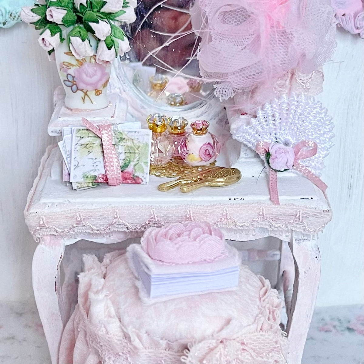 Chantallena White Bed Linens Toile in Pink -Vanity Set with Stool| Wooden Pink Distressed-1:12 Scale| Painted Petals Furniture |Chantallena