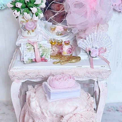 Chantallena White Bed Linens Toile in Pink -Vanity Set with Stool| Wooden Pink Distressed-1:12 Scale| Painted Petals Furniture |Chantallena
