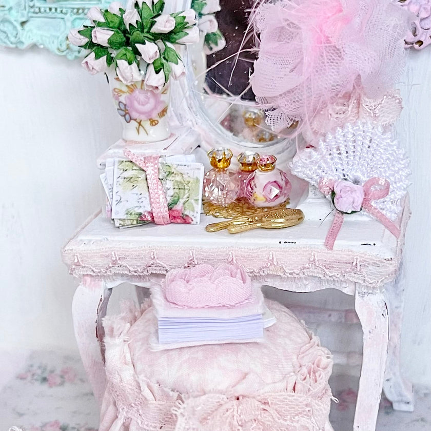 Chantallena White Bed Linens Toile in Pink -Vanity Set with Stool| Wooden Pink Distressed-1:12 Scale| Painted Petals Furniture |Chantallena