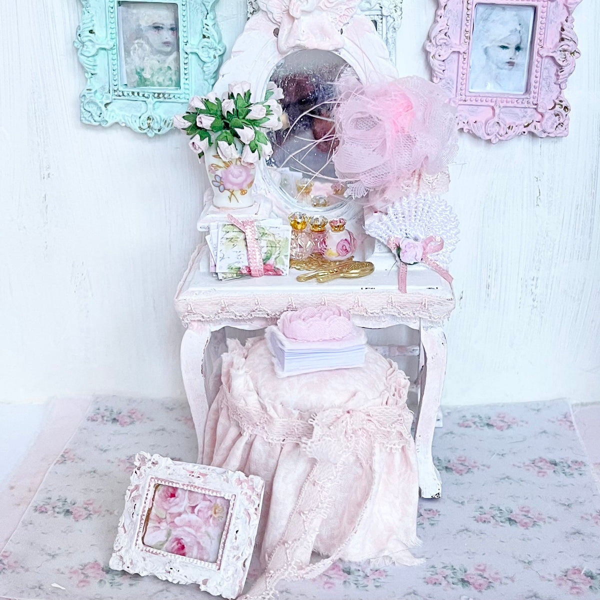 Chantallena White Bed Linens Toile in Pink -Vanity Set with Stool| Wooden Pink Distressed-1:12 Scale| Painted Petals Furniture |Chantallena