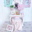 Chantallena White Bed Linens Toile in Pink -Vanity Set with Stool| Wooden Pink Distressed-1:12 Scale| Painted Petals Furniture |Chantallena