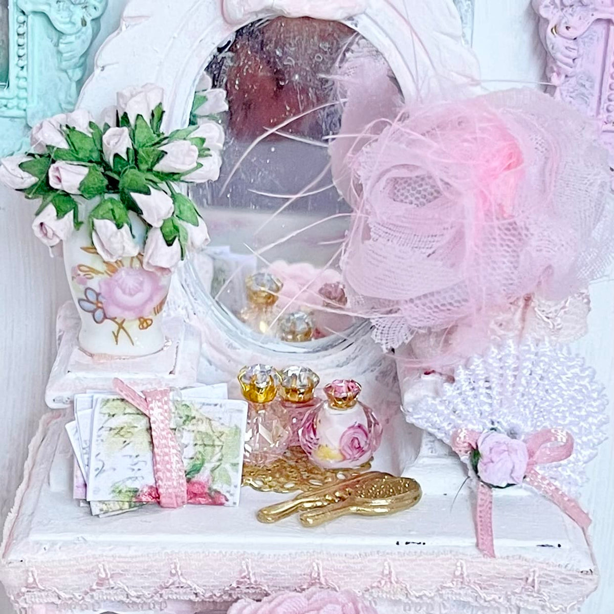 Chantallena White Bed Linens Toile in Pink -Vanity Set with Stool| Wooden Pink Distressed-1:12 Scale| Painted Petals Furniture |Chantallena
