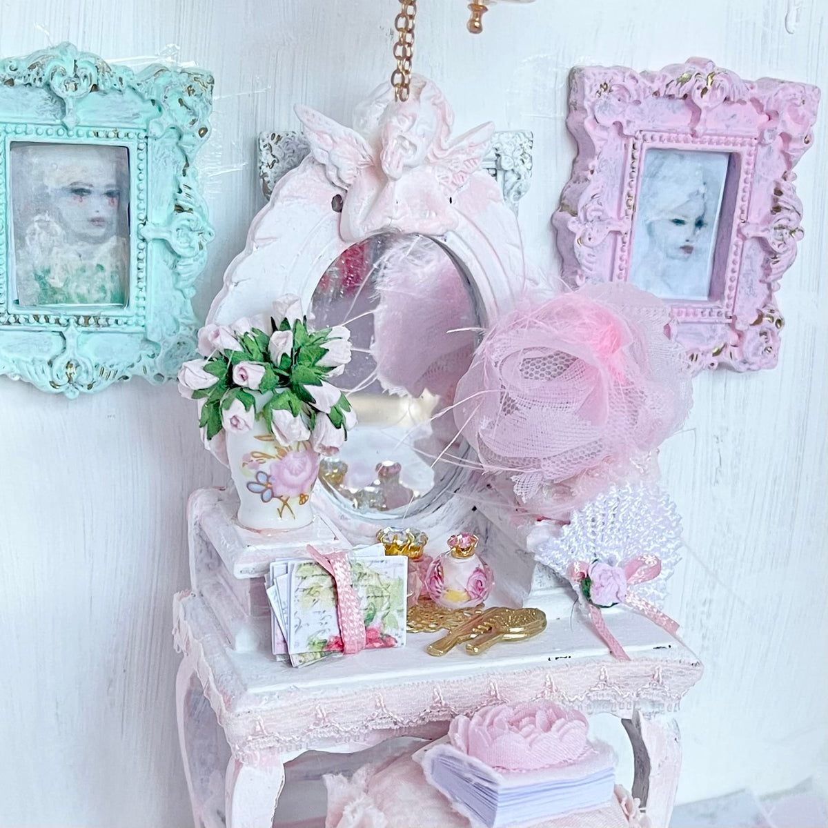 Chantallena White Bed Linens Toile in Pink -Vanity Set with Stool| Wooden Pink Distressed-1:12 Scale| Painted Petals Furniture |Chantallena