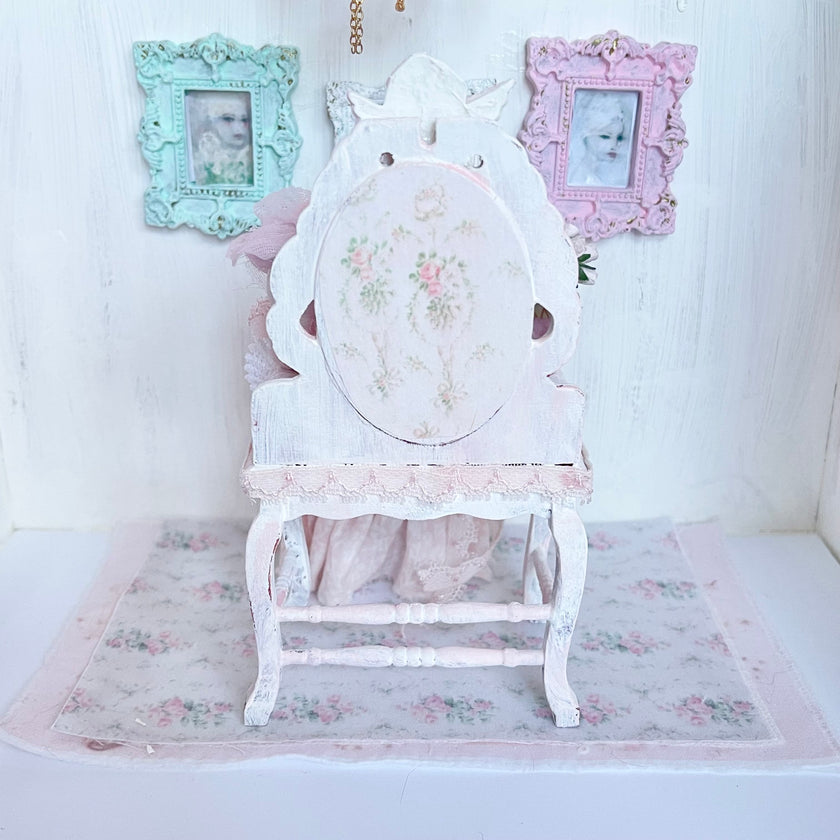 Chantallena White Bed Linens Toile in Pink -Vanity Set with Stool| Wooden Pink Distressed-1:12 Scale| Painted Petals Furniture |Chantallena