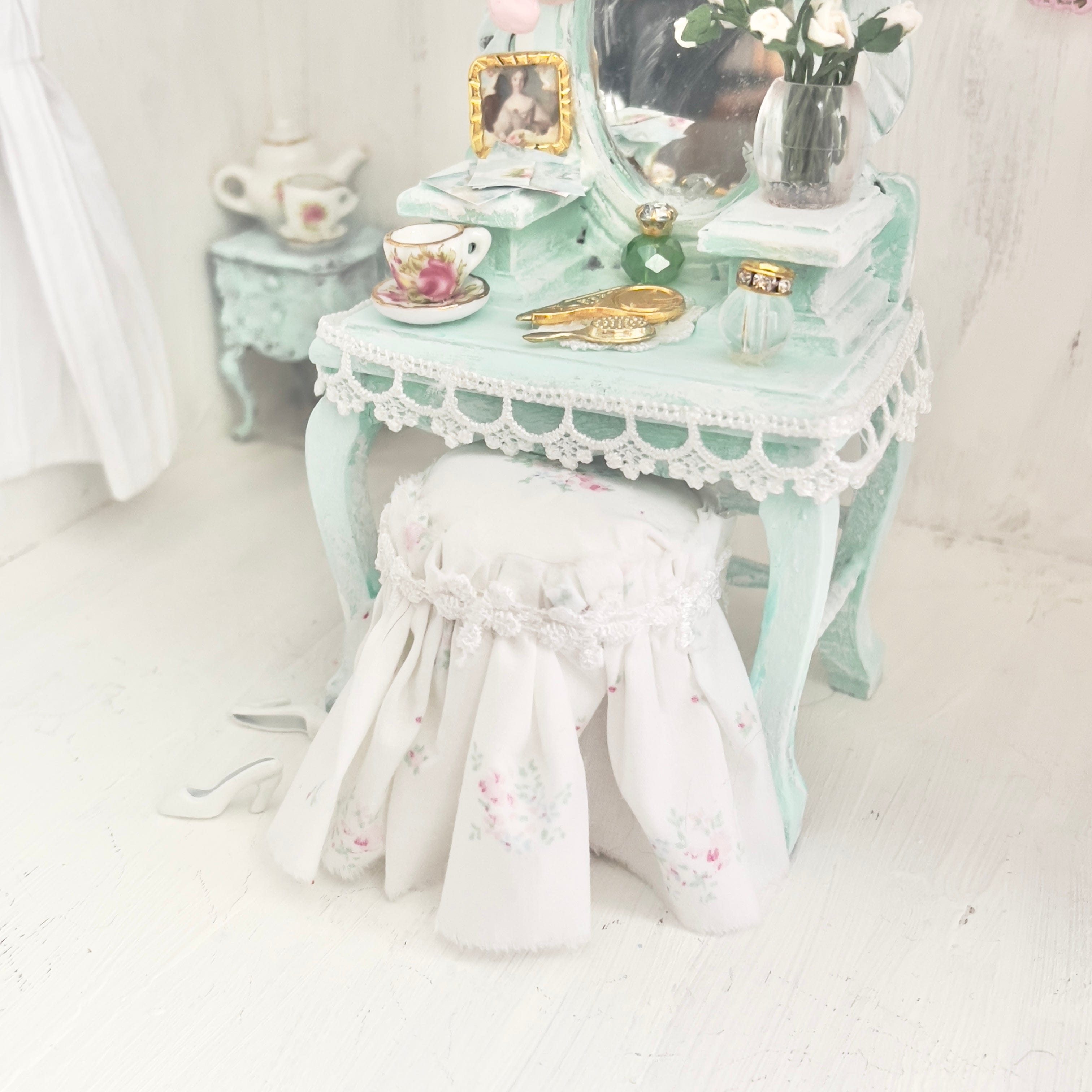 Chantallena White Bed Linens Vanity Set with Stool| Distressed Mint Green Painted Wooden| Painted Petals Furniture