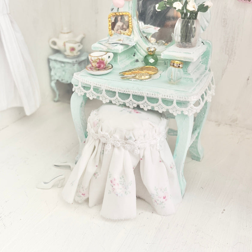 Chantallena White Bed Linens Vanity Set with Stool| Distressed Mint Green Painted Wooden| Painted Petals Furniture