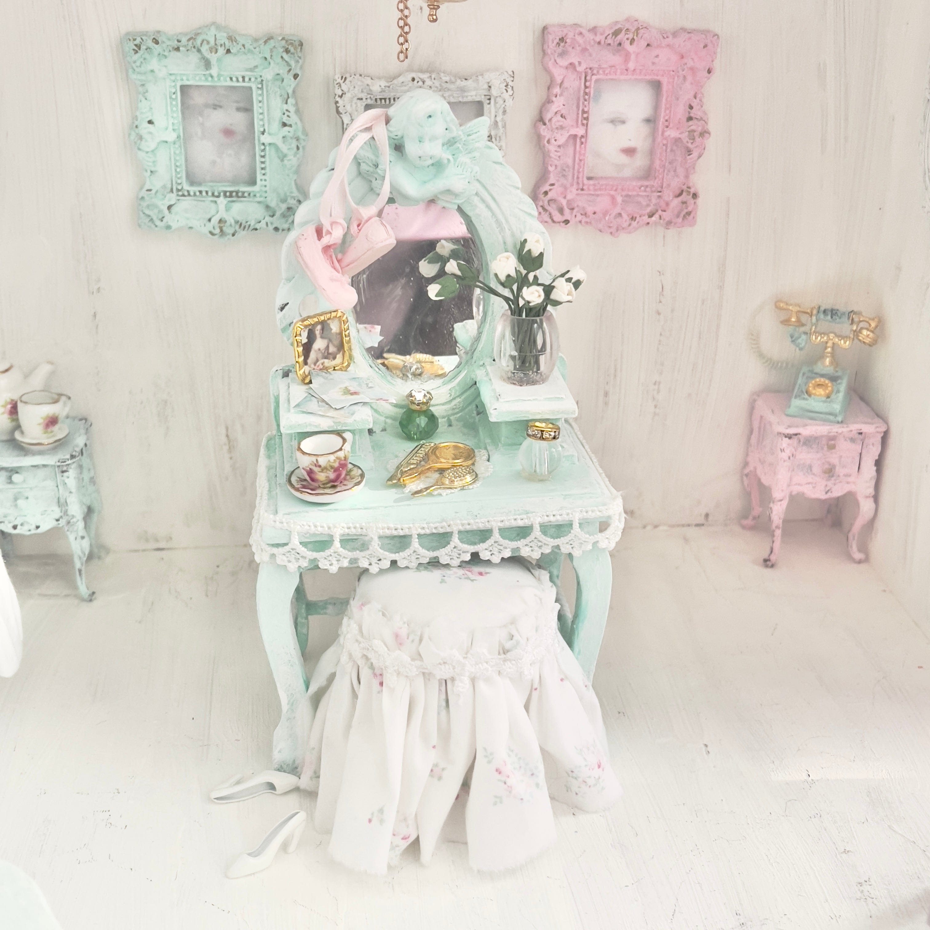 Chantallena White Bed Linens Vanity Set with Stool| Distressed Mint Green Painted Wooden| Painted Petals Furniture