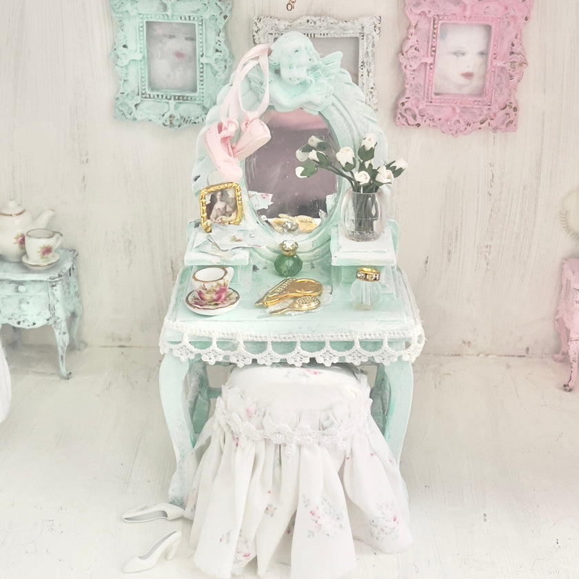 Chantallena White Bed Linens Vanity Set with Stool| Distressed Mint Green Painted Wooden| Painted Petals Furniture