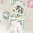 Chantallena White Bed Linens Vanity Set with Stool| Distressed Mint Green Painted Wooden| Painted Petals Furniture