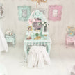 Chantallena White Bed Linens Vanity Set with Stool| Distressed Mint Green Painted Wooden| Painted Petals Furniture