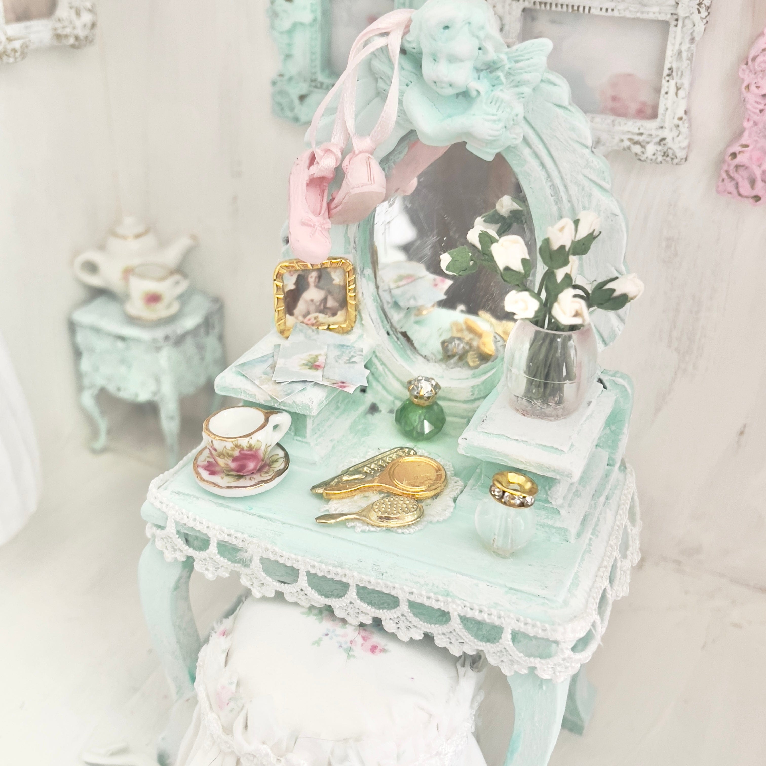 Chantallena White Bed Linens Vanity Set with Stool| Distressed Mint Green Painted Wooden| Painted Petals Furniture