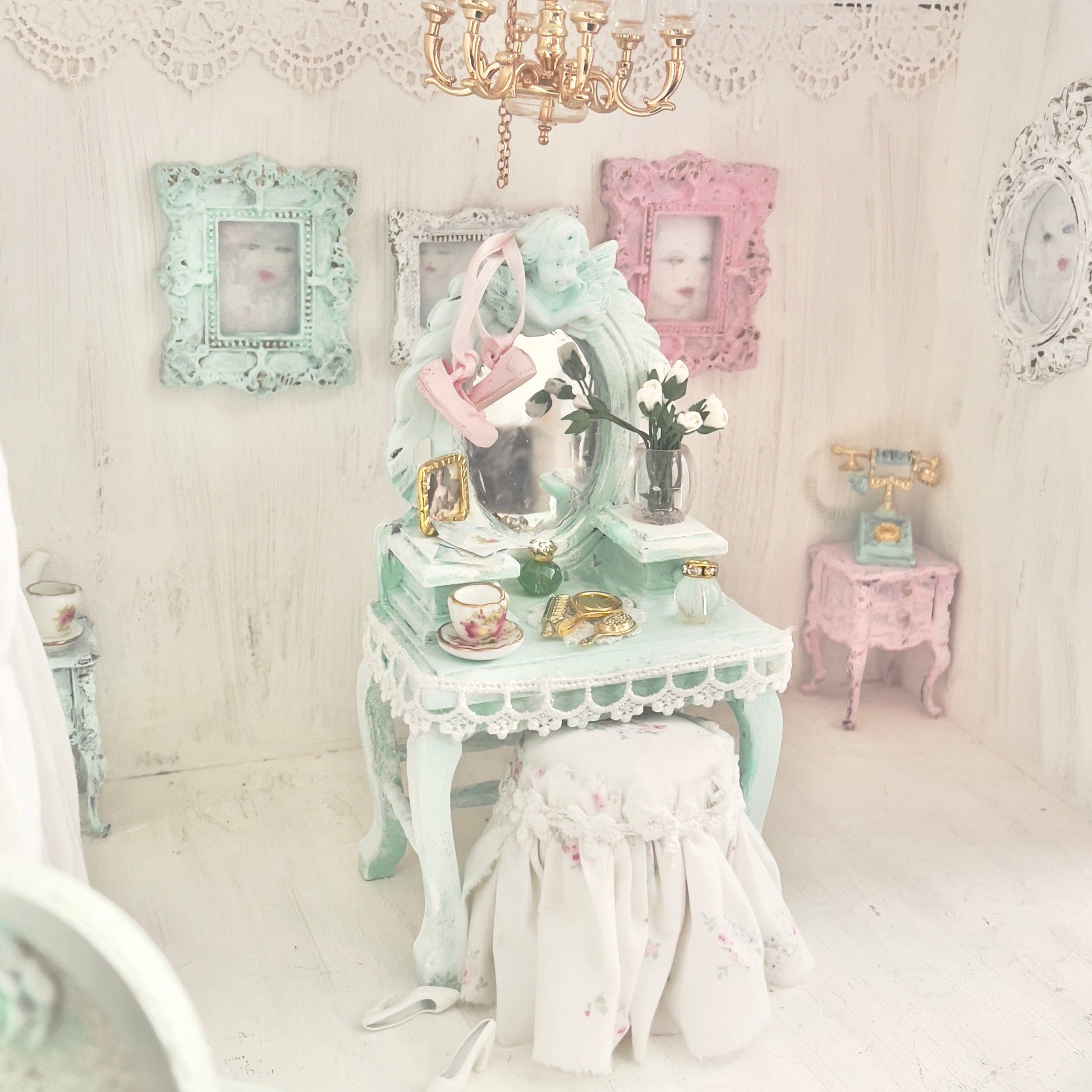 Chantallena White Bed Linens Vanity Set with Stool| Distressed Mint Green Painted Wooden| Painted Petals Furniture