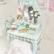 Chantallena White Bed Linens Vanity Set with Stool| Distressed Mint Green Painted Wooden| Painted Petals Furniture