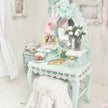 Chantallena White Bed Linens Vanity Set with Stool| Distressed Mint Green Painted Wooden| Painted Petals Furniture
