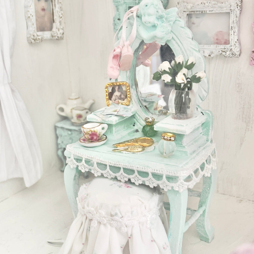 Chantallena White Bed Linens Vanity Set with Stool| Distressed Mint Green Painted Wooden| Painted Petals Furniture