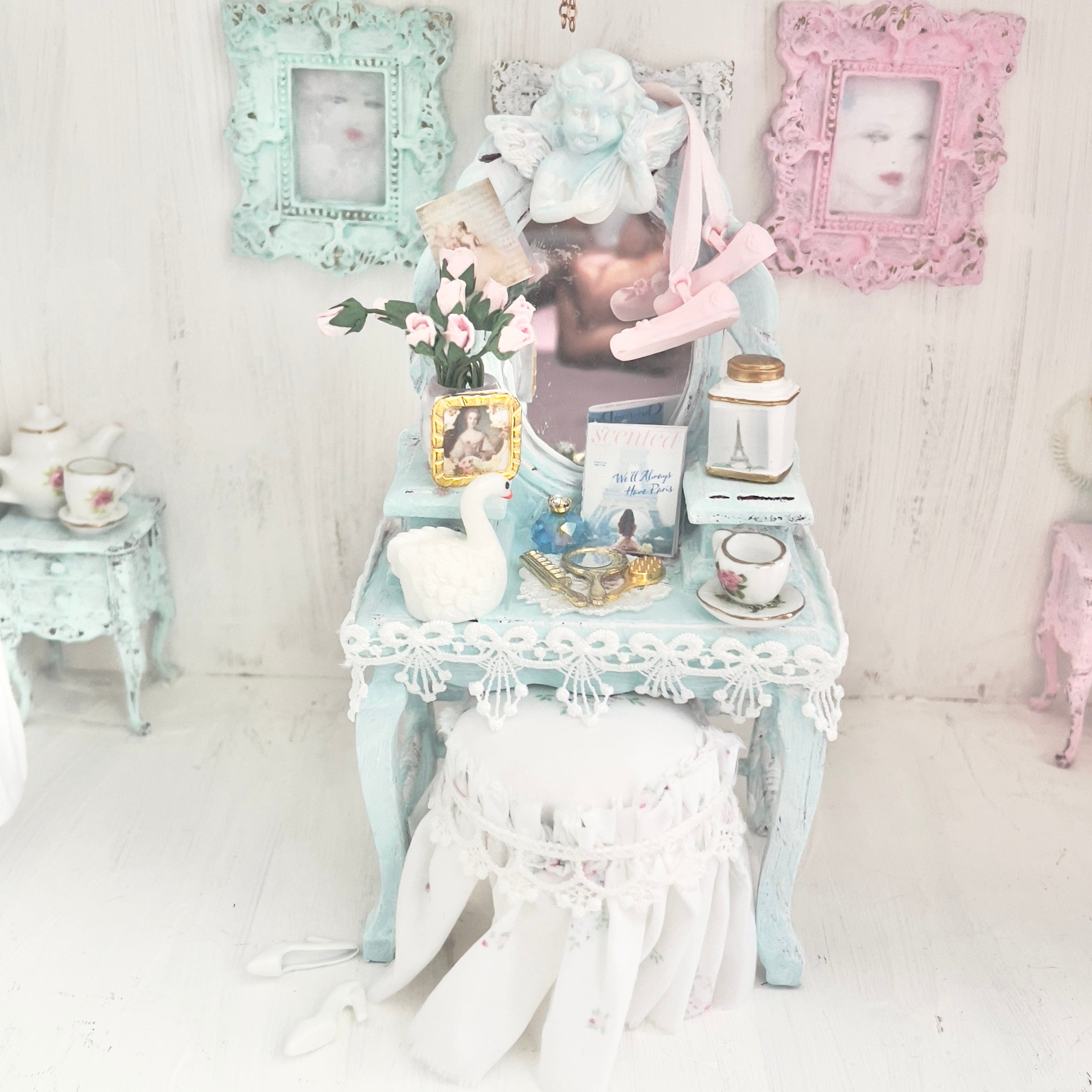 Chantallena White Bed Linens Vanity Set with Stool| Wooden Pale Blue Distressed|Painted Petals Furniture