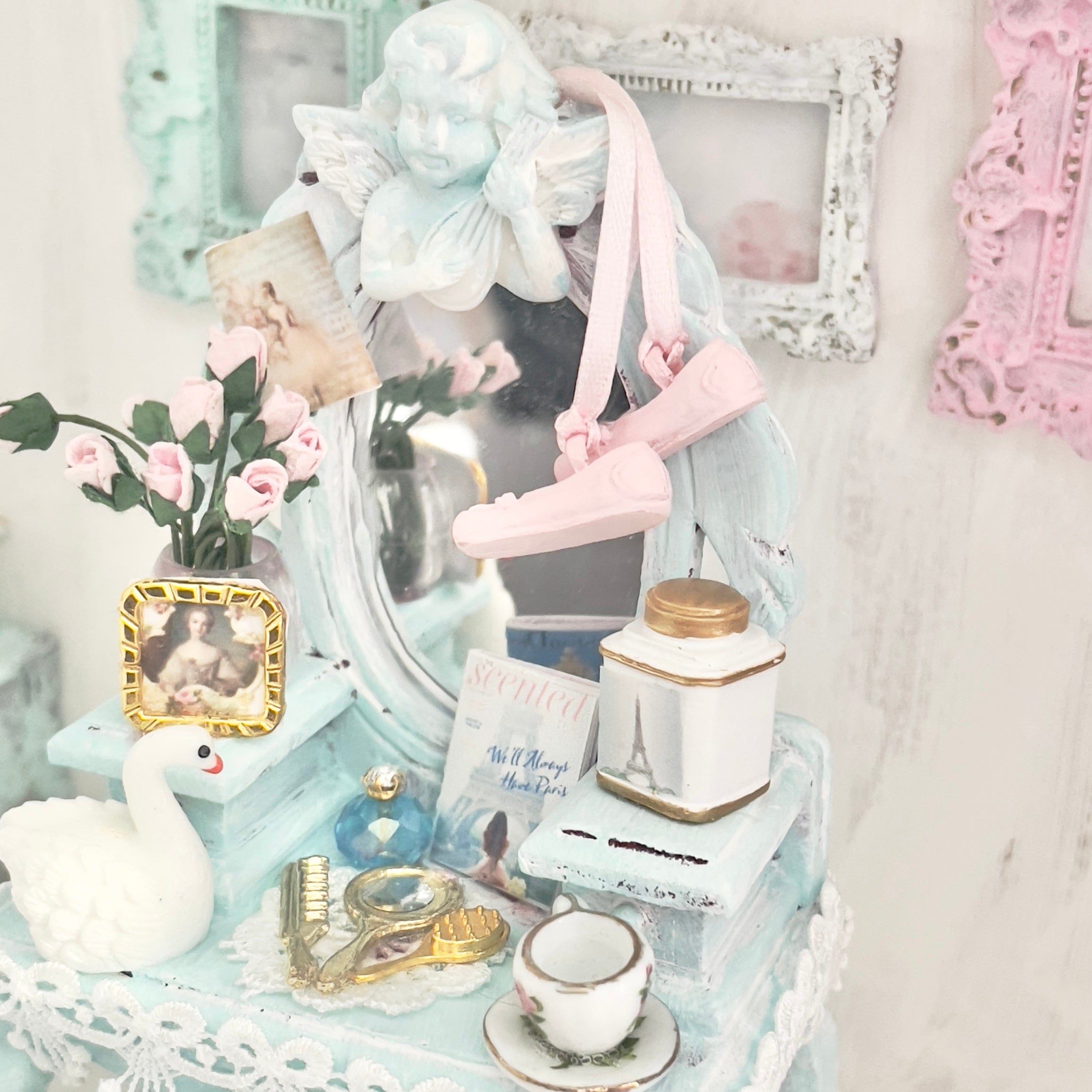 Chantallena White Bed Linens Vanity Set with Stool| Wooden Pale Blue Distressed|Painted Petals Furniture