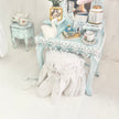 Chantallena White Bed Linens Vanity Set with Stool| Wooden Pale Blue Distressed|Painted Petals Furniture