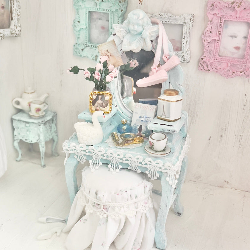 Chantallena White Bed Linens Vanity Set with Stool| Wooden Pale Blue Distressed|Painted Petals Furniture