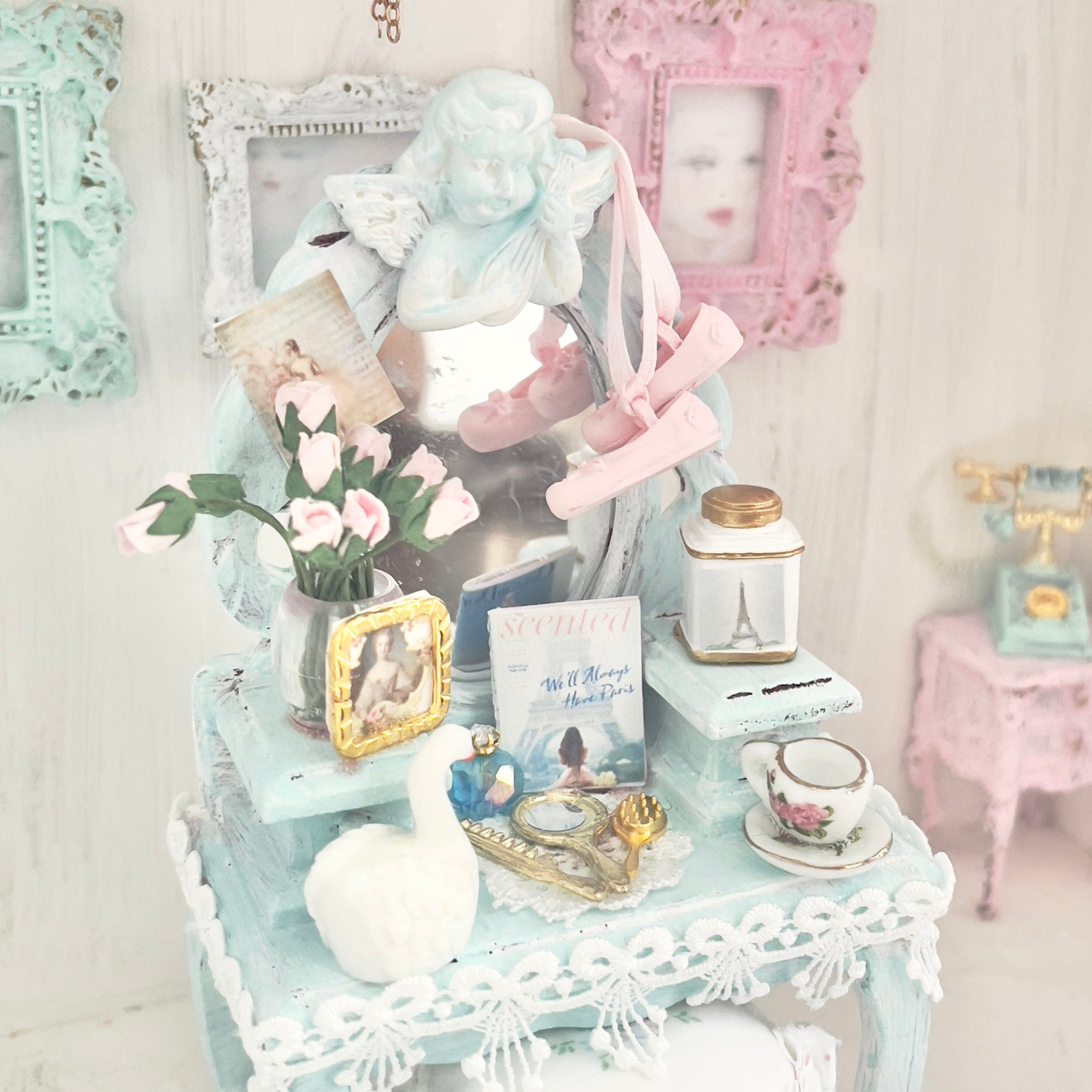 Chantallena White Bed Linens Vanity Set with Stool| Wooden Pale Blue Distressed|Painted Petals Furniture