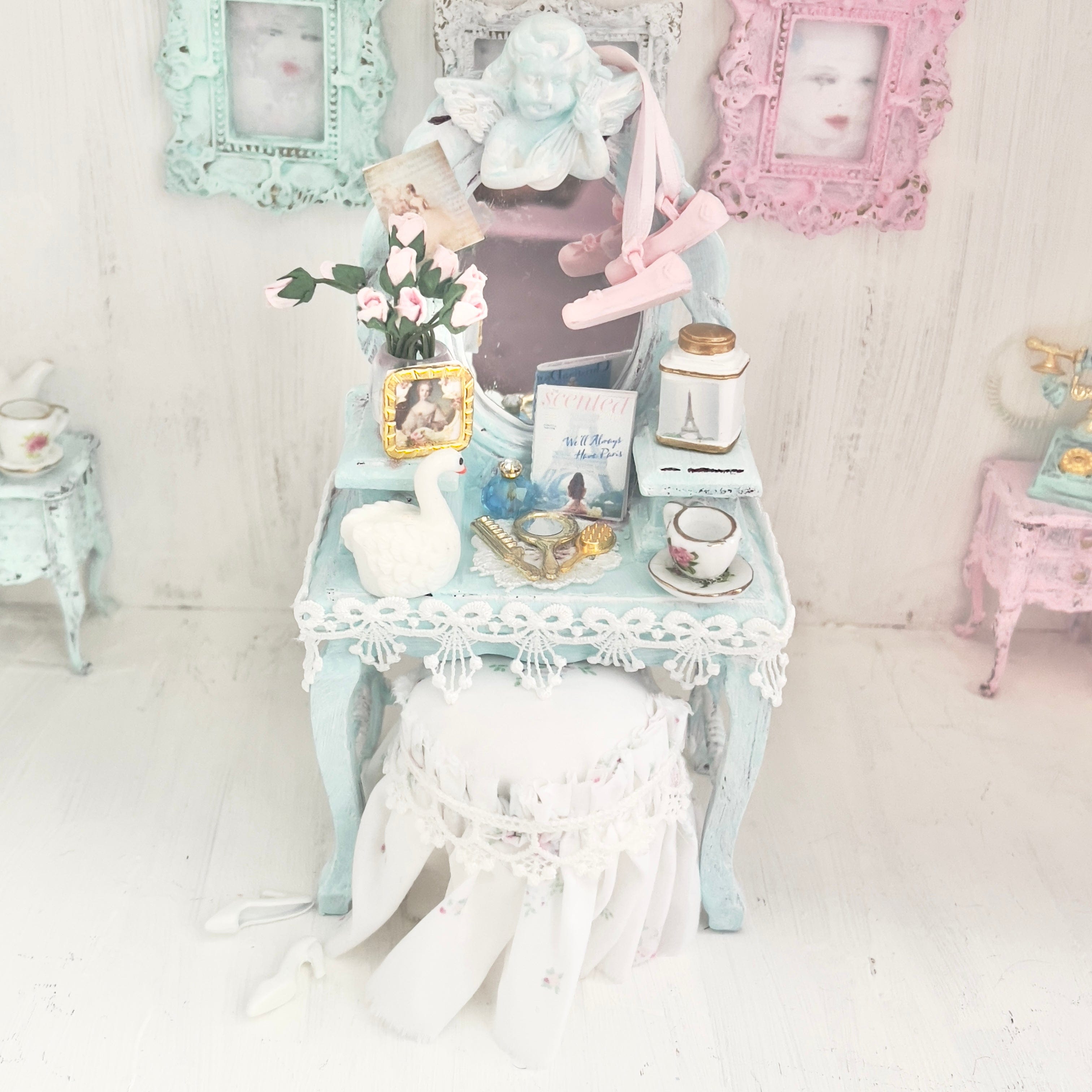 Chantallena White Bed Linens Vanity Set with Stool| Wooden Pale Blue Distressed|Painted Petals Furniture