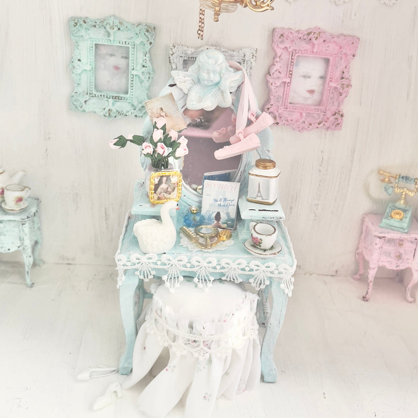 Chantallena White Bed Linens Vanity Set with Stool| Wooden Pale Blue Distressed|Painted Petals Furniture