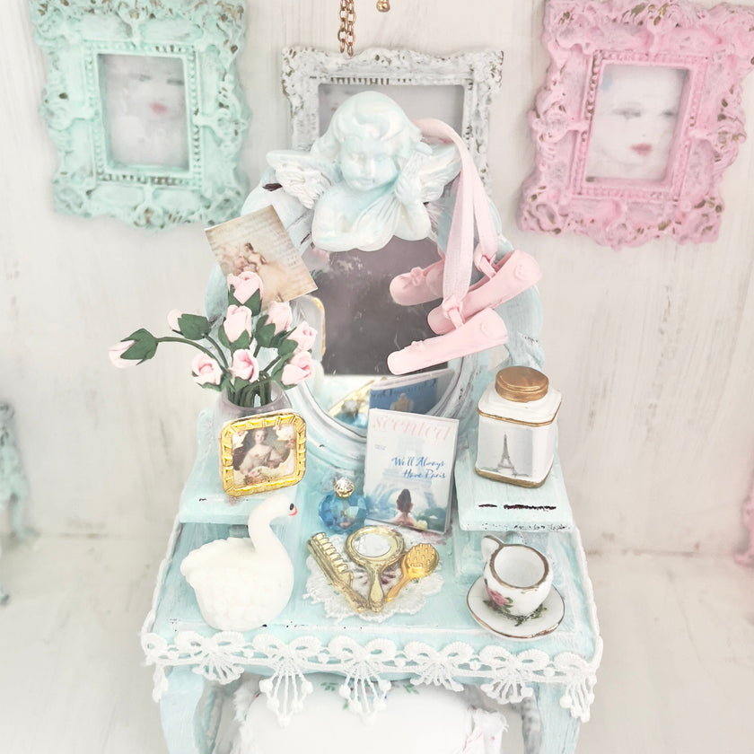 Chantallena White Bed Linens Vanity Set with Stool| Wooden Pale Blue Distressed|Painted Petals Furniture