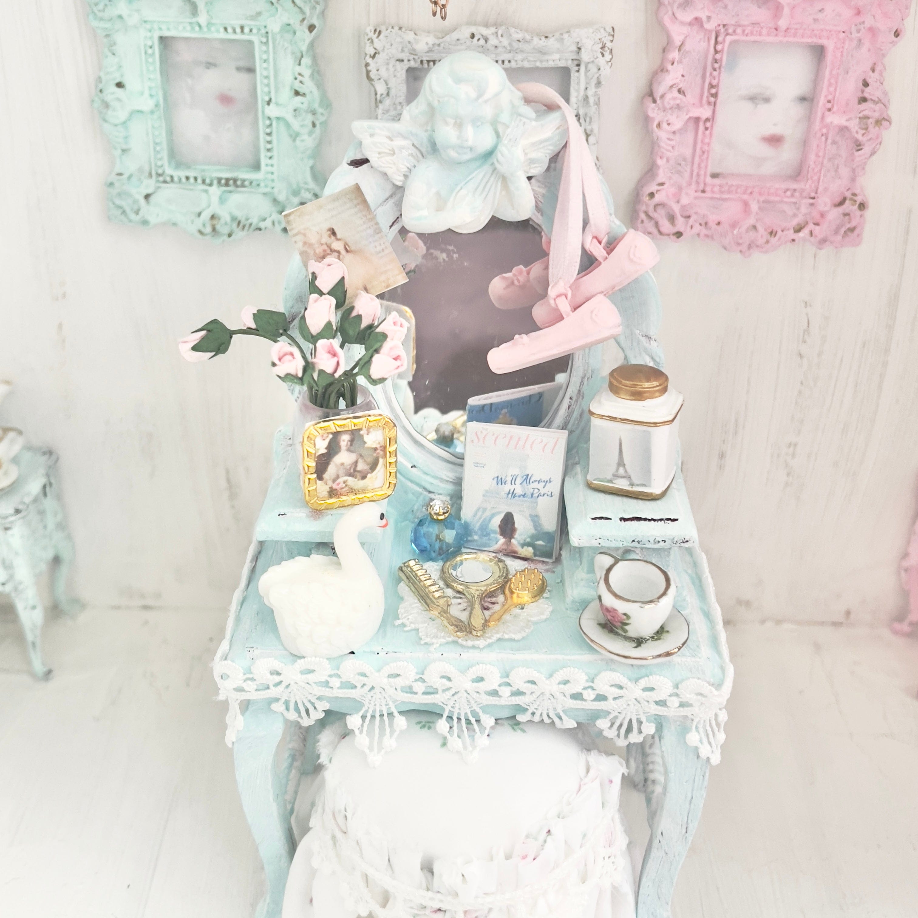 Chantallena White Bed Linens Vanity Set with Stool| Wooden Pale Blue Distressed|Painted Petals Furniture