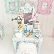 Chantallena White Bed Linens Vanity Set with Stool| Wooden Pale Blue Distressed|Painted Petals Furniture