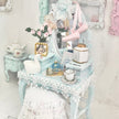 Chantallena White Bed Linens Vanity Set with Stool| Wooden Pale Blue Distressed|Painted Petals Furniture