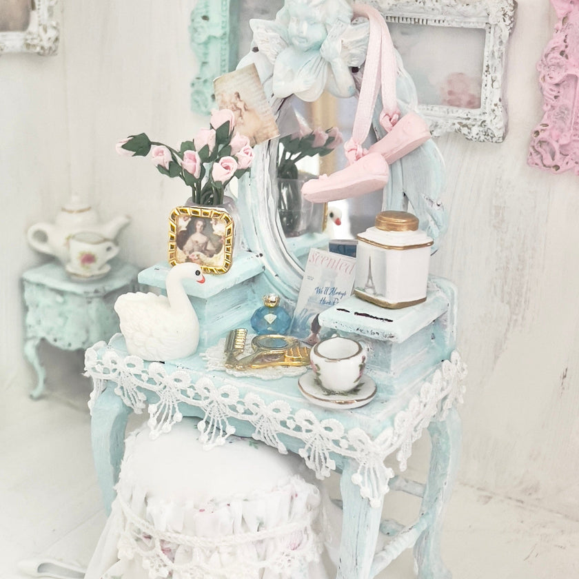 Chantallena White Bed Linens Vanity Set with Stool| Wooden Pale Blue Distressed|Painted Petals Furniture