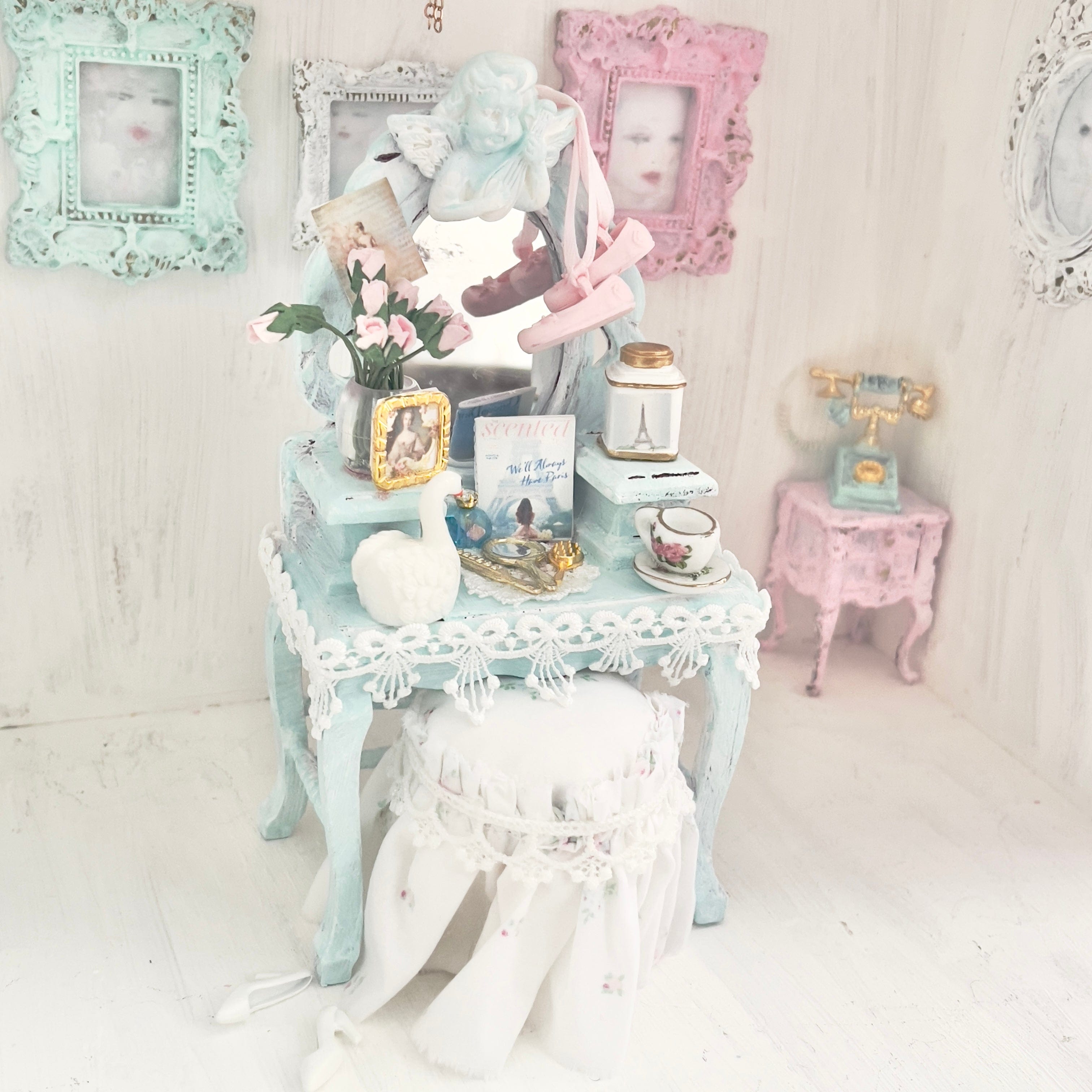 Chantallena White Bed Linens Vanity Set with Stool| Wooden Pale Blue Distressed|Painted Petals Furniture