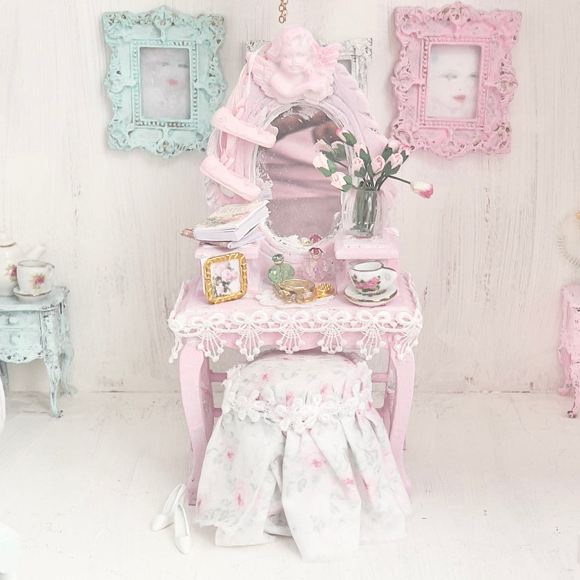 Chantallena White Bed Linens Vanity Set with Stool| Wooden Pink Distressed| Pink Château | Painted Petals Furniture