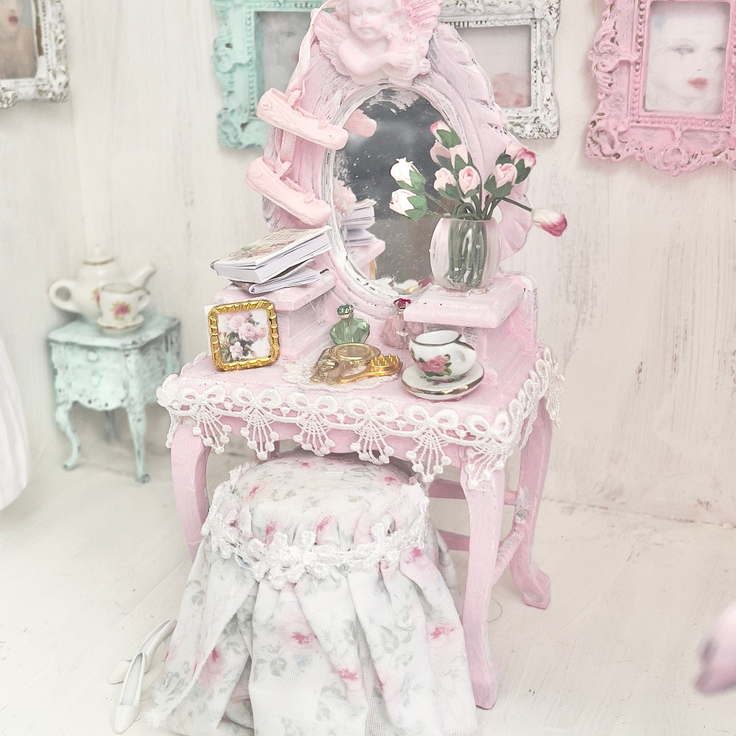 Chantallena White Bed Linens Vanity Set with Stool| Wooden Pink Distressed| Pink Château | Painted Petals Furniture