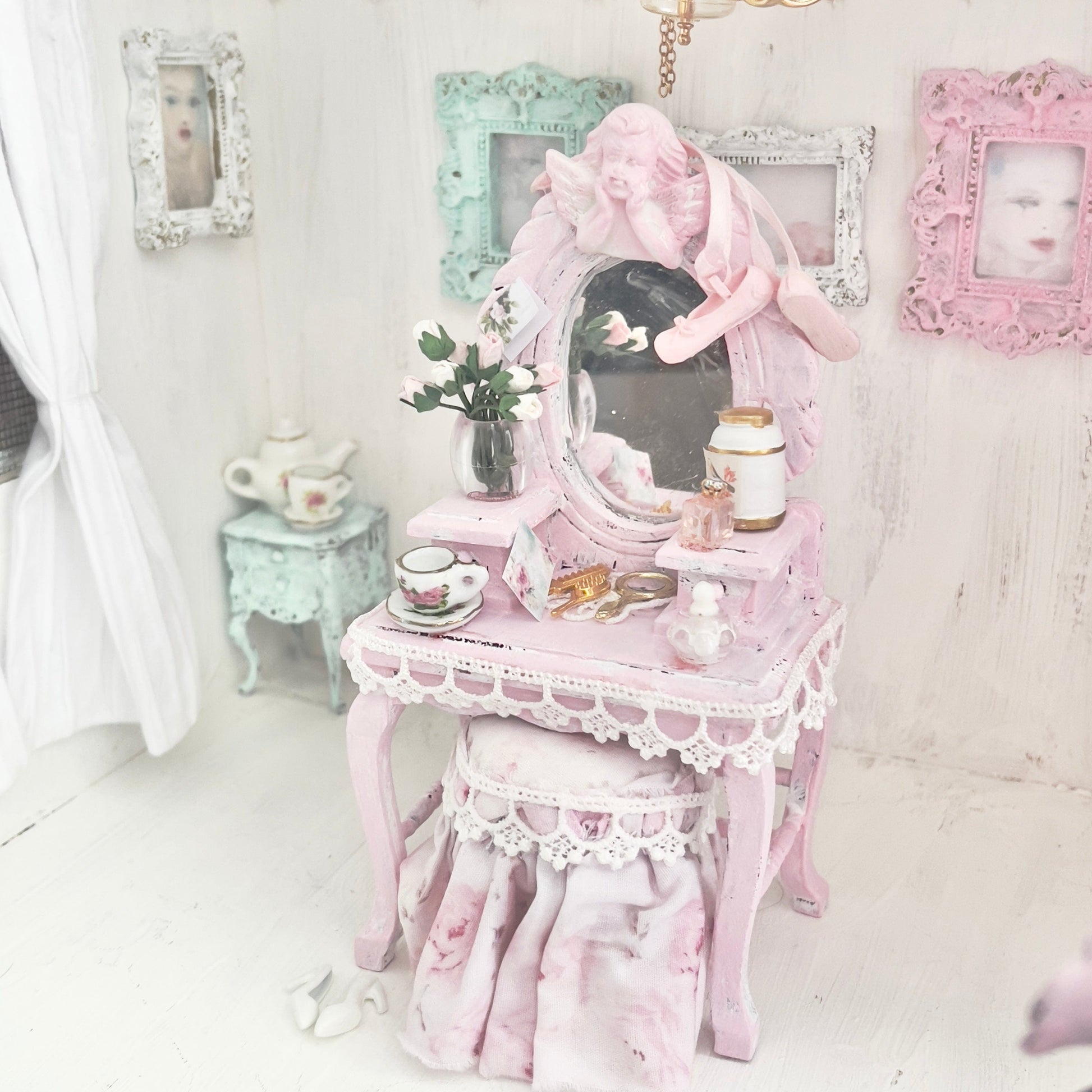 Chantallena White Bed Linens Vanity Set with Stool| Wooden Pink Distressed| Pink Slipper |Painted Petals Furniture