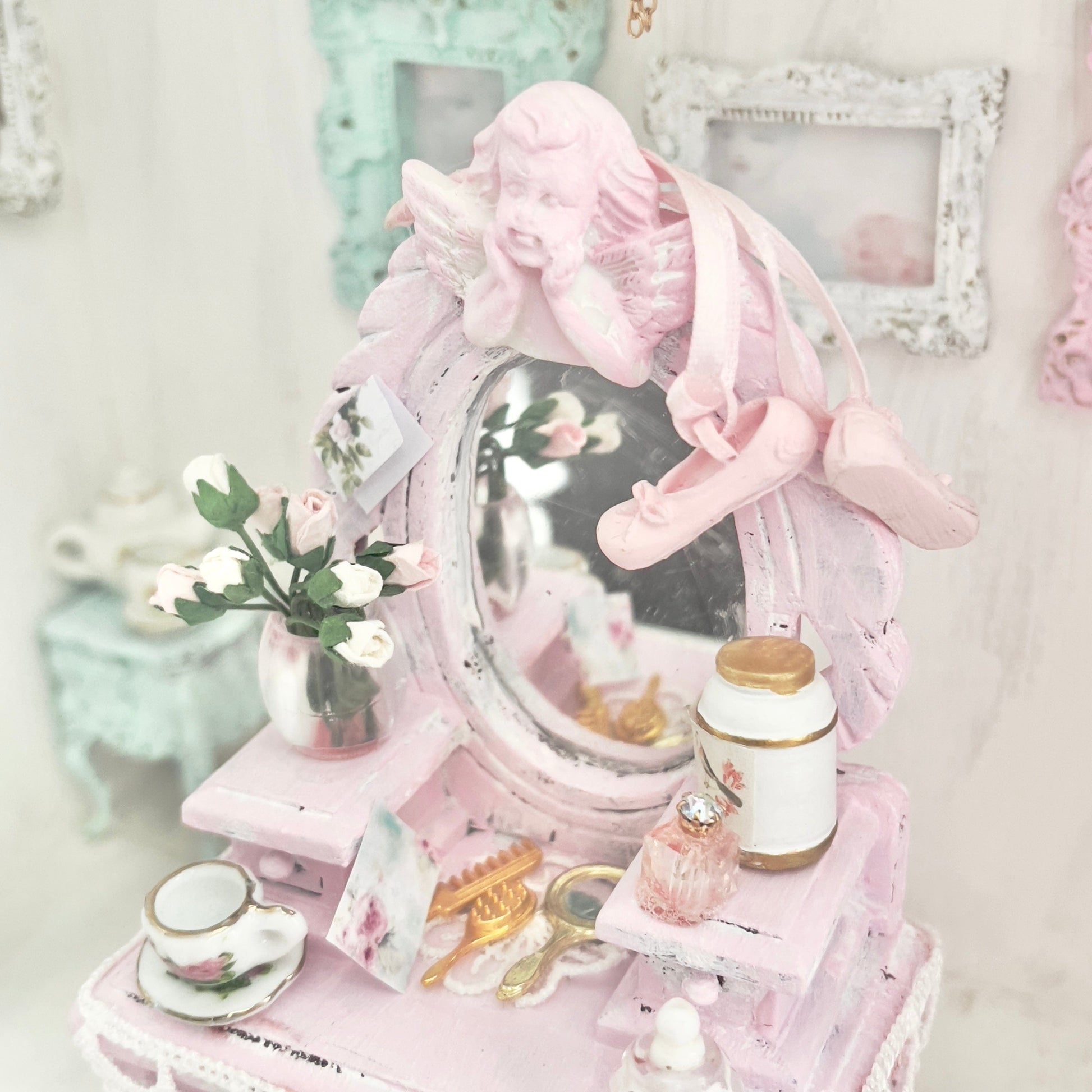 Chantallena White Bed Linens Vanity Set with Stool| Wooden Pink Distressed| Pink Slipper |Painted Petals Furniture